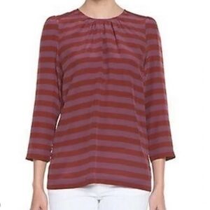 Tegan Silk Plum Mauve Striped Long Sleeve Blouse Pleated Cropped Sleeve